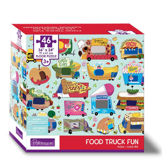 multicolored puzzle with lots of different kinds of food trucks on the front