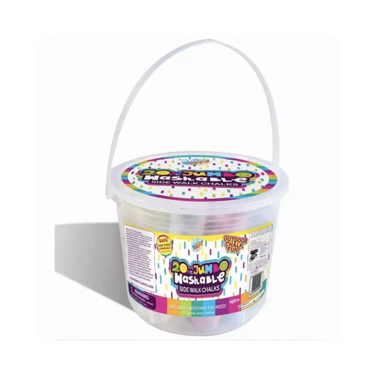 Bucket of sidewalk chalk with colorful label on a white background
