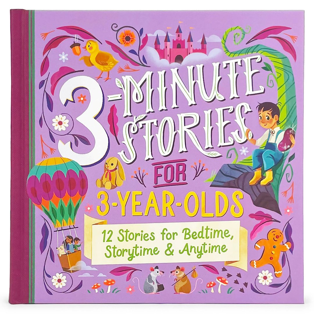 A colorful children's book titled "3-Minute Stories for 3-Year-Olds," featuring whimsical illustrations and highlighting 12 short stories.