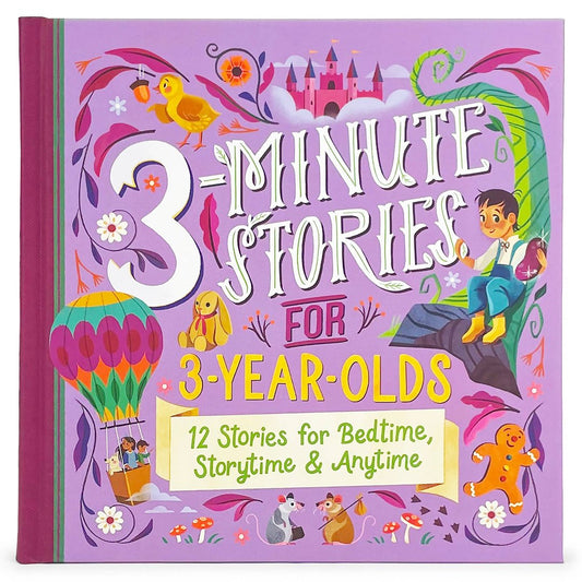 A colorful children's book titled "3-Minute Stories for 3-Year-Olds," featuring whimsical illustrations and highlighting 12 short stories.