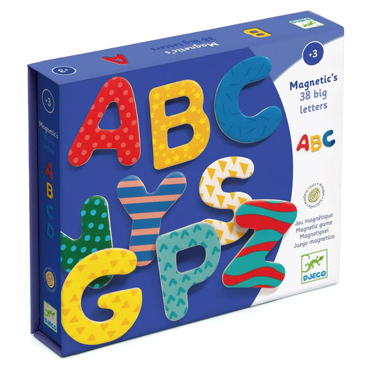Box of magnetic letters with colorful letters on a blue background