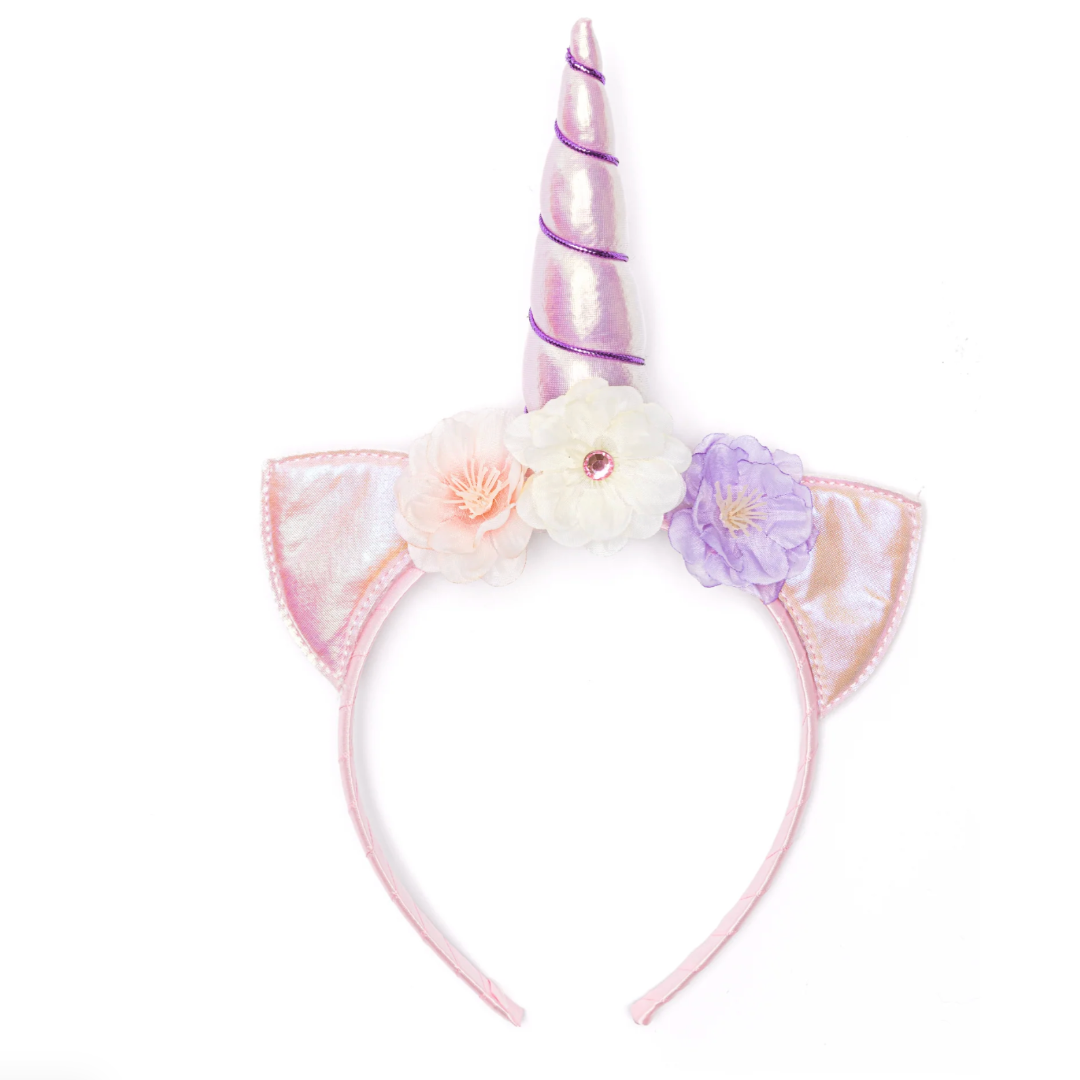 A pink and purple headband with ears and a horn on it