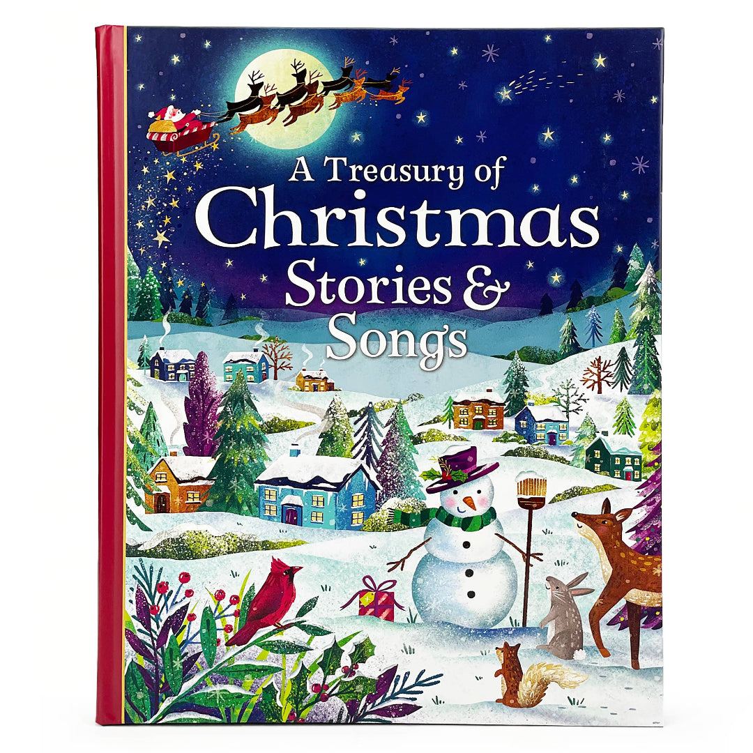 a snow covered town with Santa and his reindeer flying through the sky at night, while on the ground below there is a happy snowman, woodland animals and houses with their windows shining bright