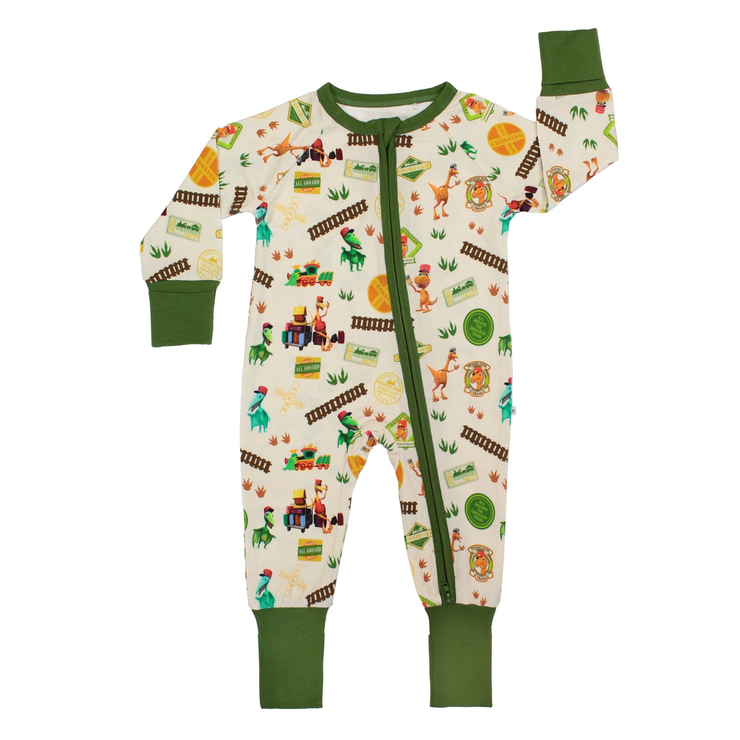 All Aboard the Dino Train bamboo convertible baby pajamas with green trim, double zipper, and colorful orange, blue, and green dinosaurs on train tracks with "Dino Train" print.