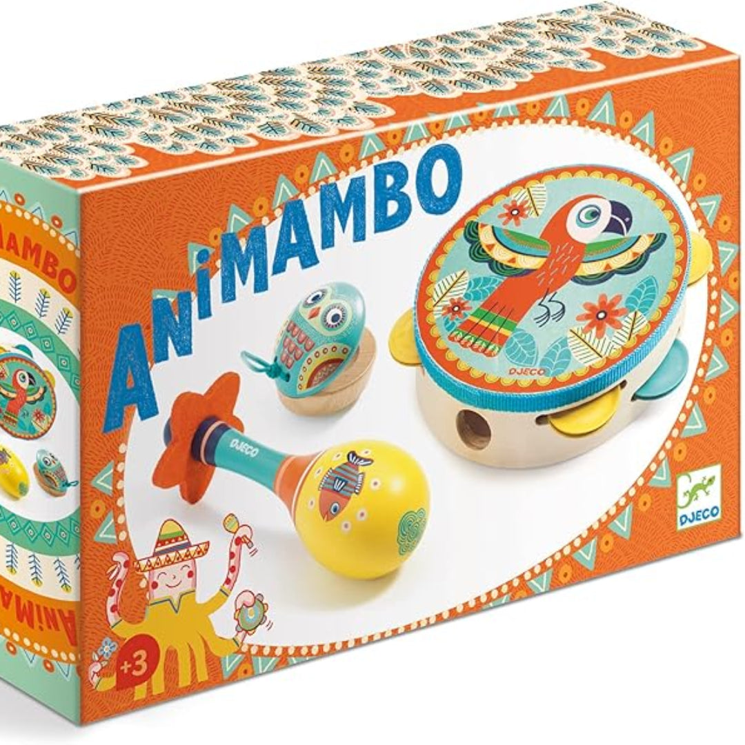 Box of Animambo toys with colorful illustrations on an orange background