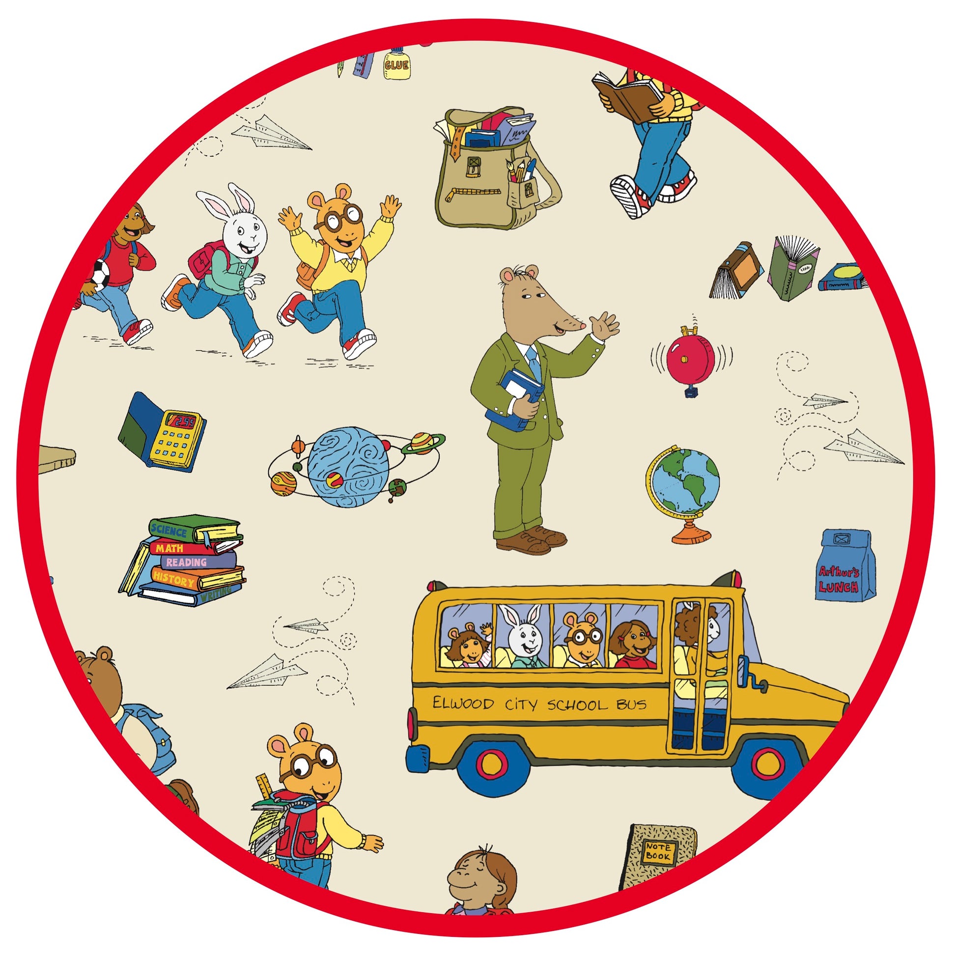 Circle print featuring red trims and playful illustrations of Arthur™ PBS Character, books, and school bus, a beige background.