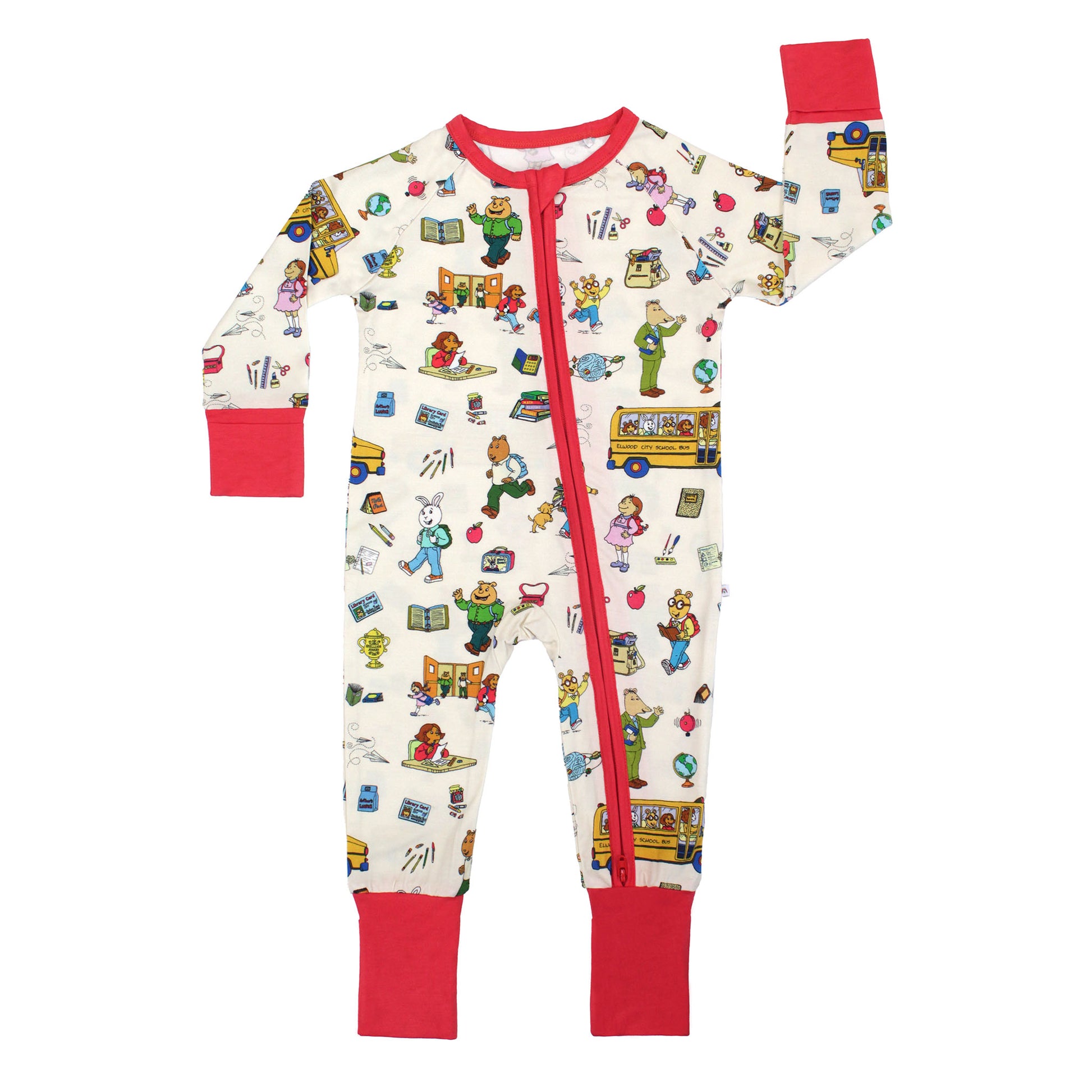 Baby convertible pajama crafted from buttery-soft bamboo, featuring red trims and playful illustrations of Arthur™ PBS Character, books, and school bus, a beige background.