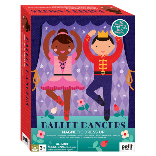 Box of Ballet Dancers Magnetic Dress Up toy with two illustrated dancers on a purple curtain background.