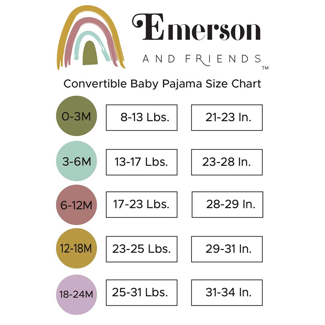 the size guide for the convertible baby pajamas.
