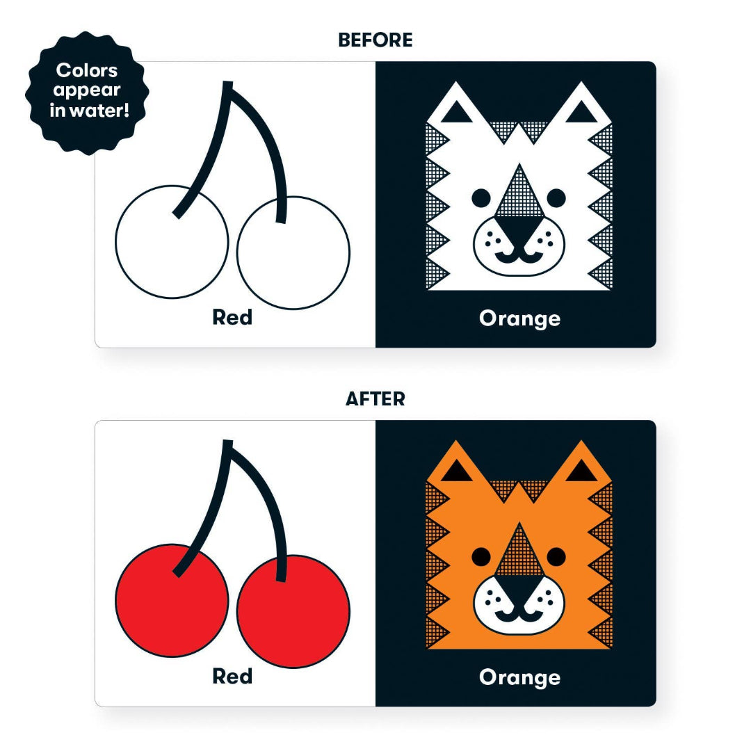 Color swatches showing red and orange with text indicating color changes in water.