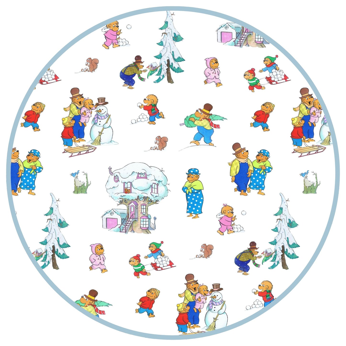 Circular design with Berenstain Bears Snow Day PBS Kids in winter activities on a white background.