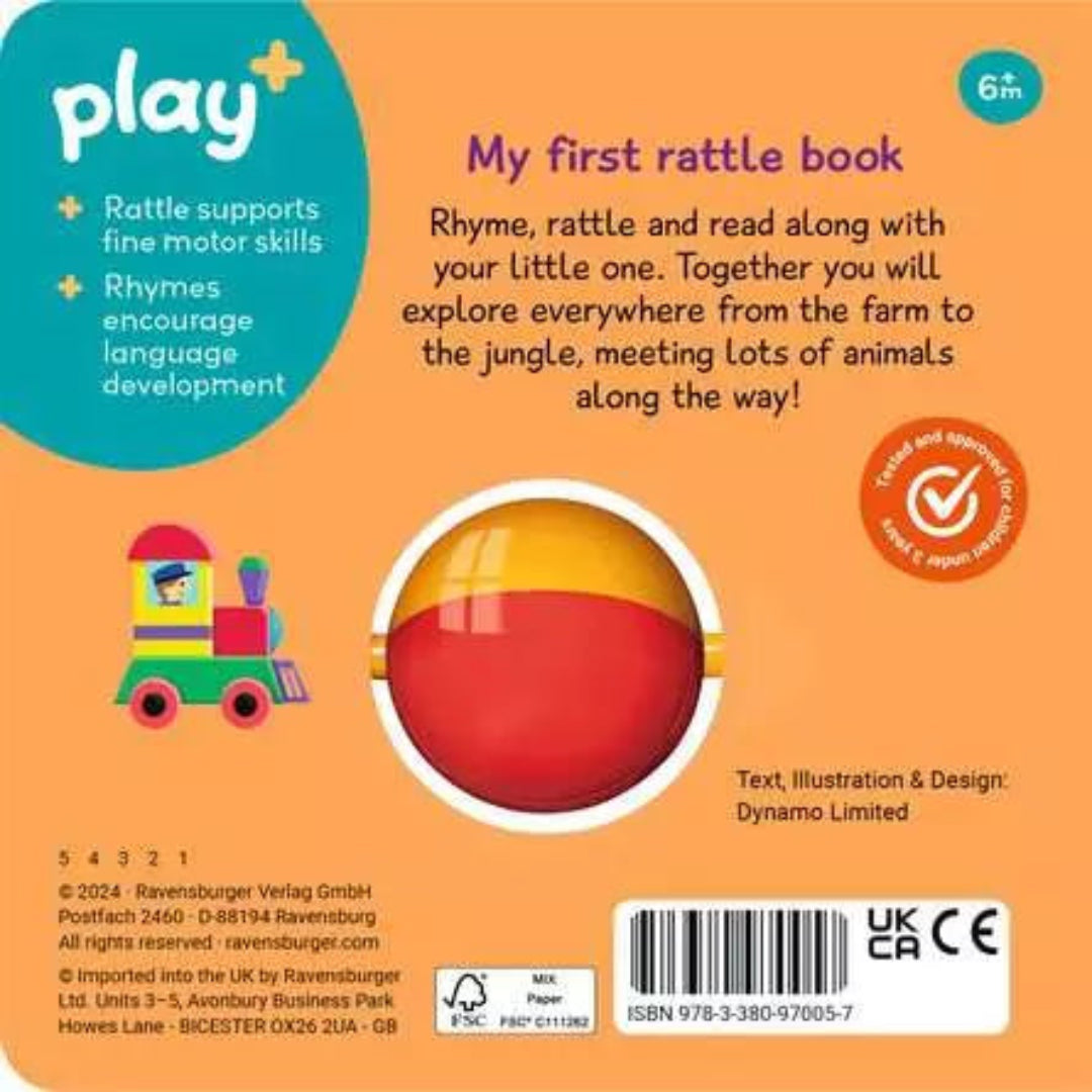Back cover of a children's book titled 'My first rattle book' with text and graphics on an orange background.