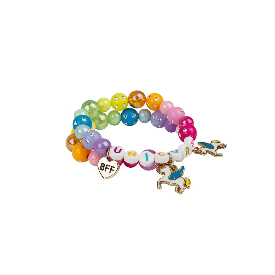 Two colorful beaded bracelets to share with friends with heart BFF charms and Unicorn charms from Great Pretenders