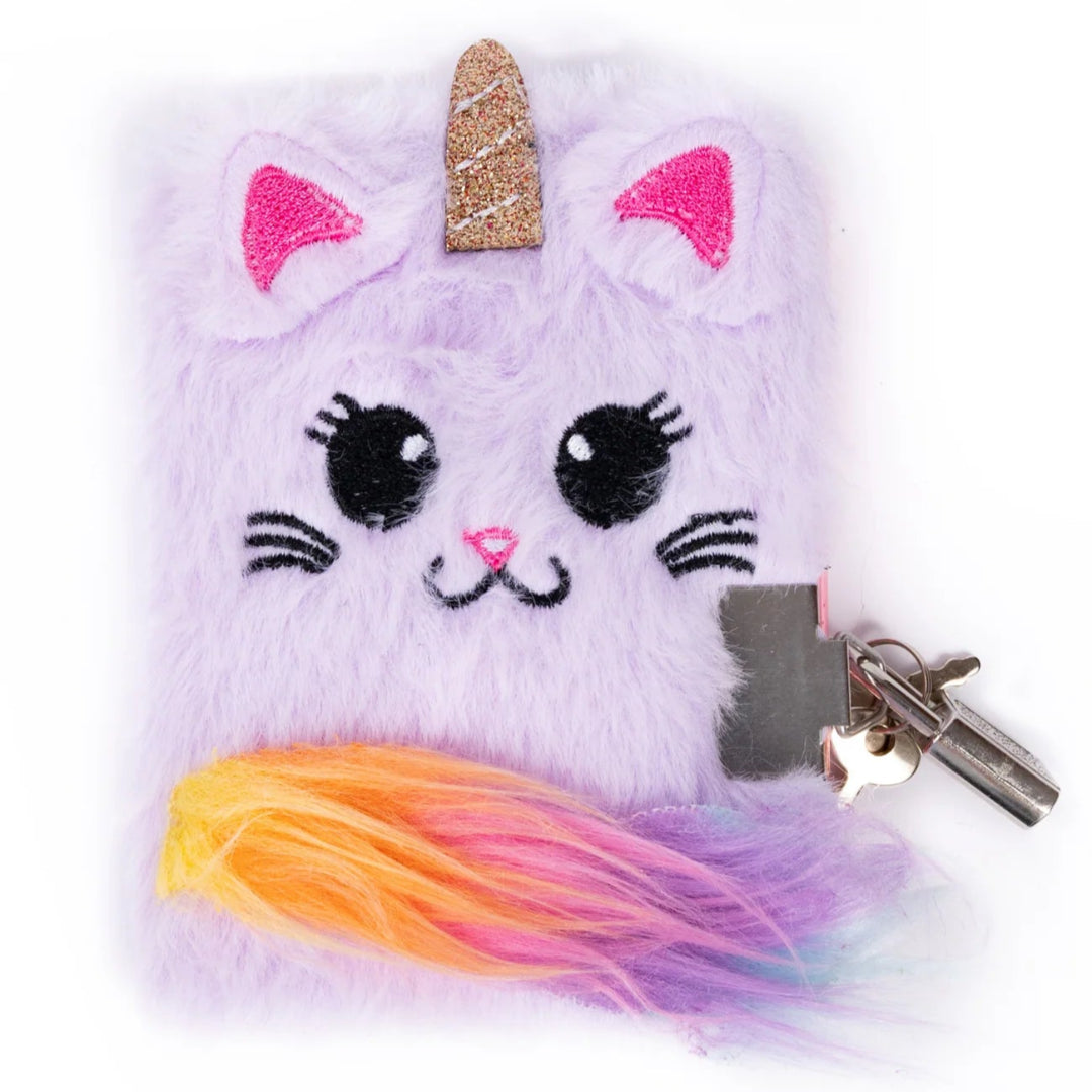 Fluffy purple journal that locks with a cat unicorn and a colorful tail on the front from Great Pretenders