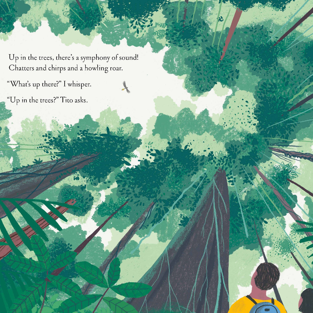 Illustration of a person in a jungle with text about sounds in the trees.