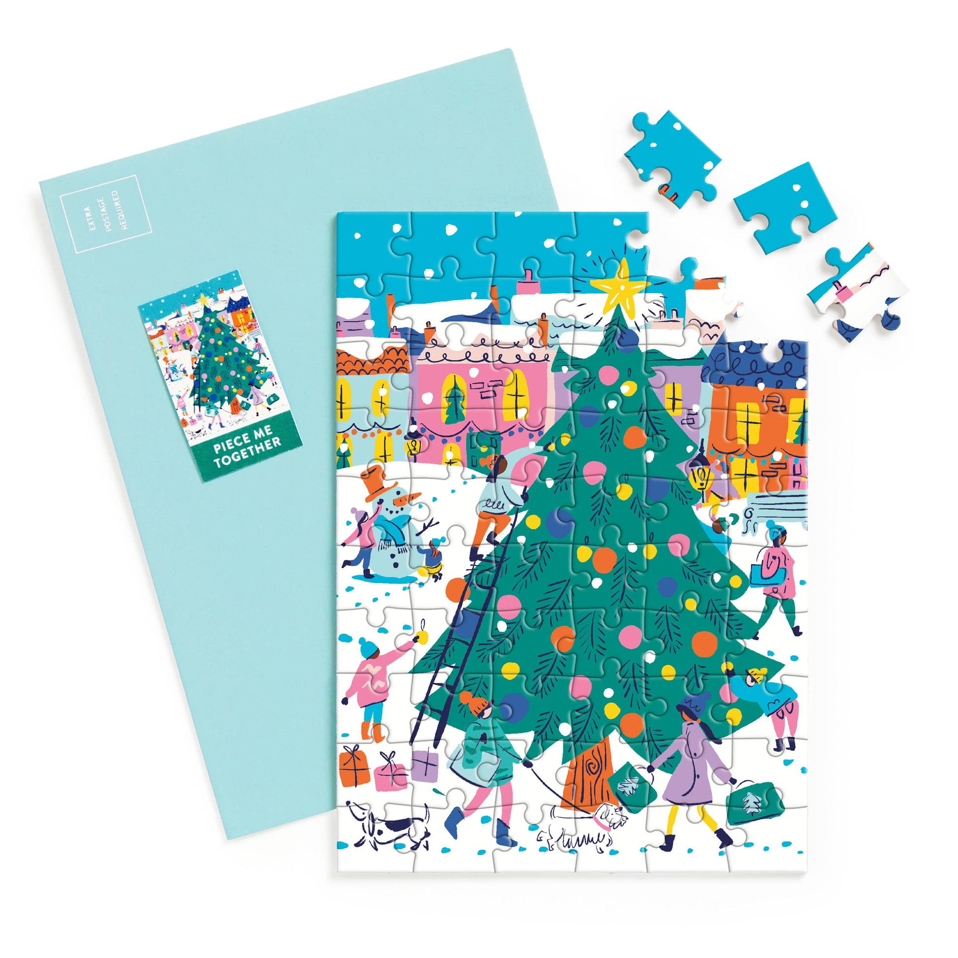 Christmas-themed puzzle with a completed section and packaging on a white background