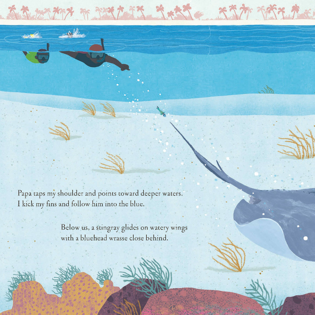 Illustration of a stingray gliding underwater with text and scuba divers in the background.