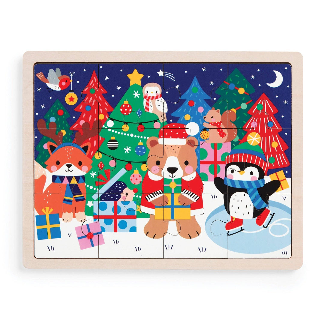 Children's Christmas-themed puzzle with festive animals on a blue background