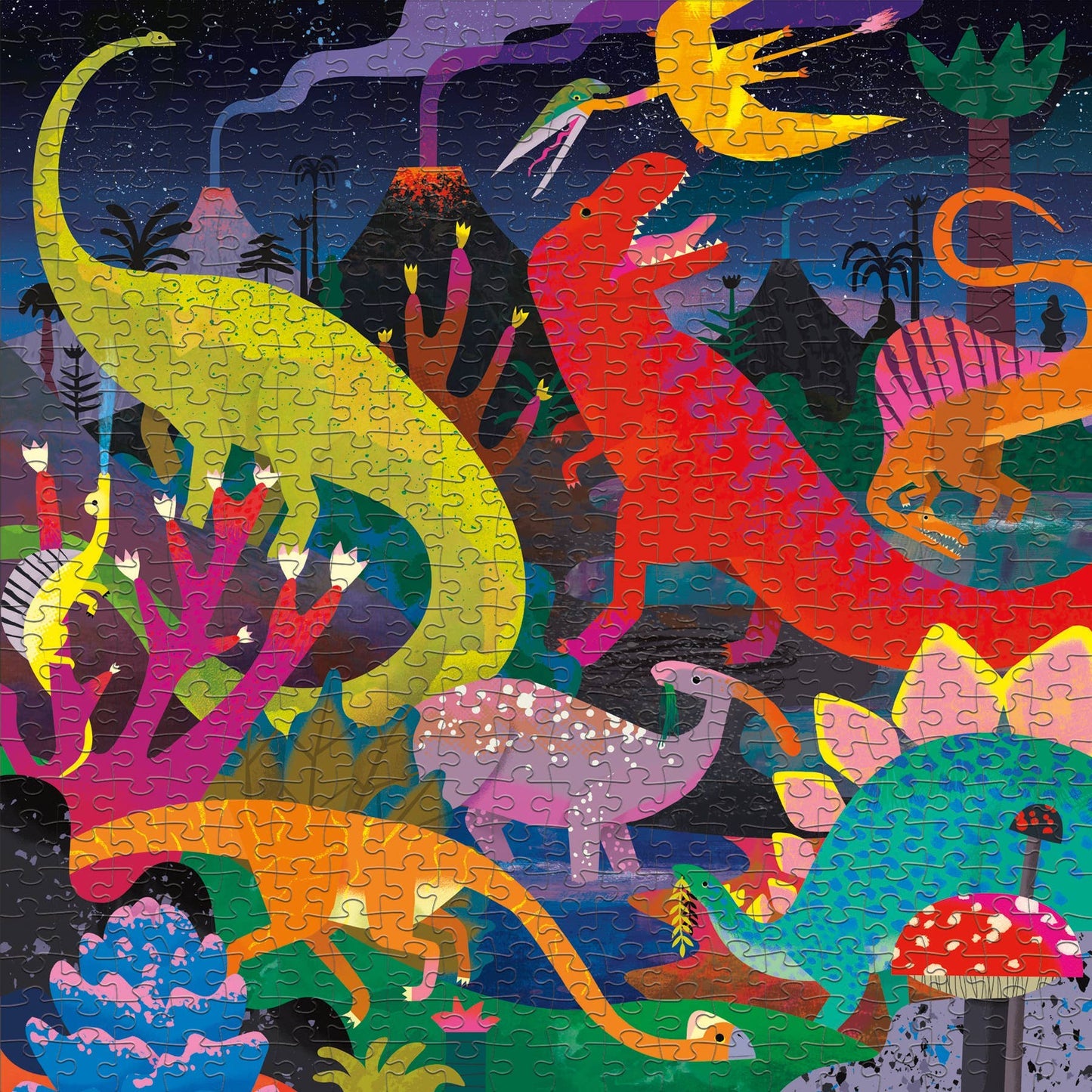 Colorful dinosaur puzzle with various dinosaurs and a night sky background.