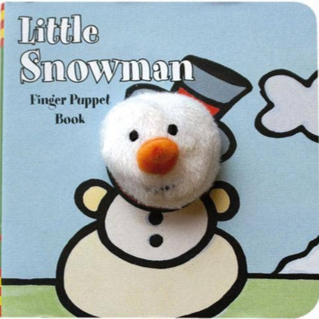 Finger puppet book cover with a snowman on a blue background