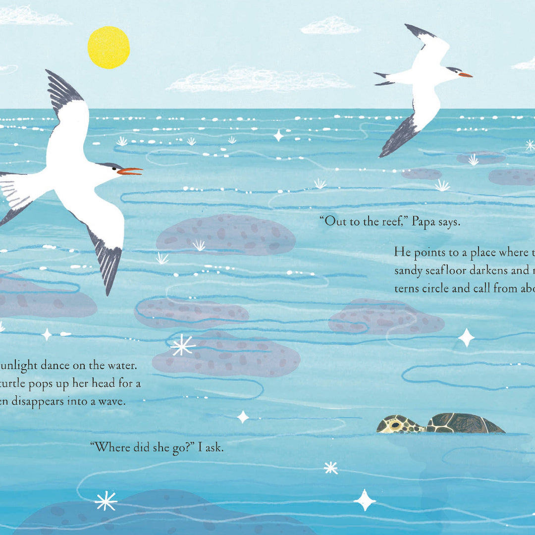 Illustration of birds flying over water with text, likely from a children's book.