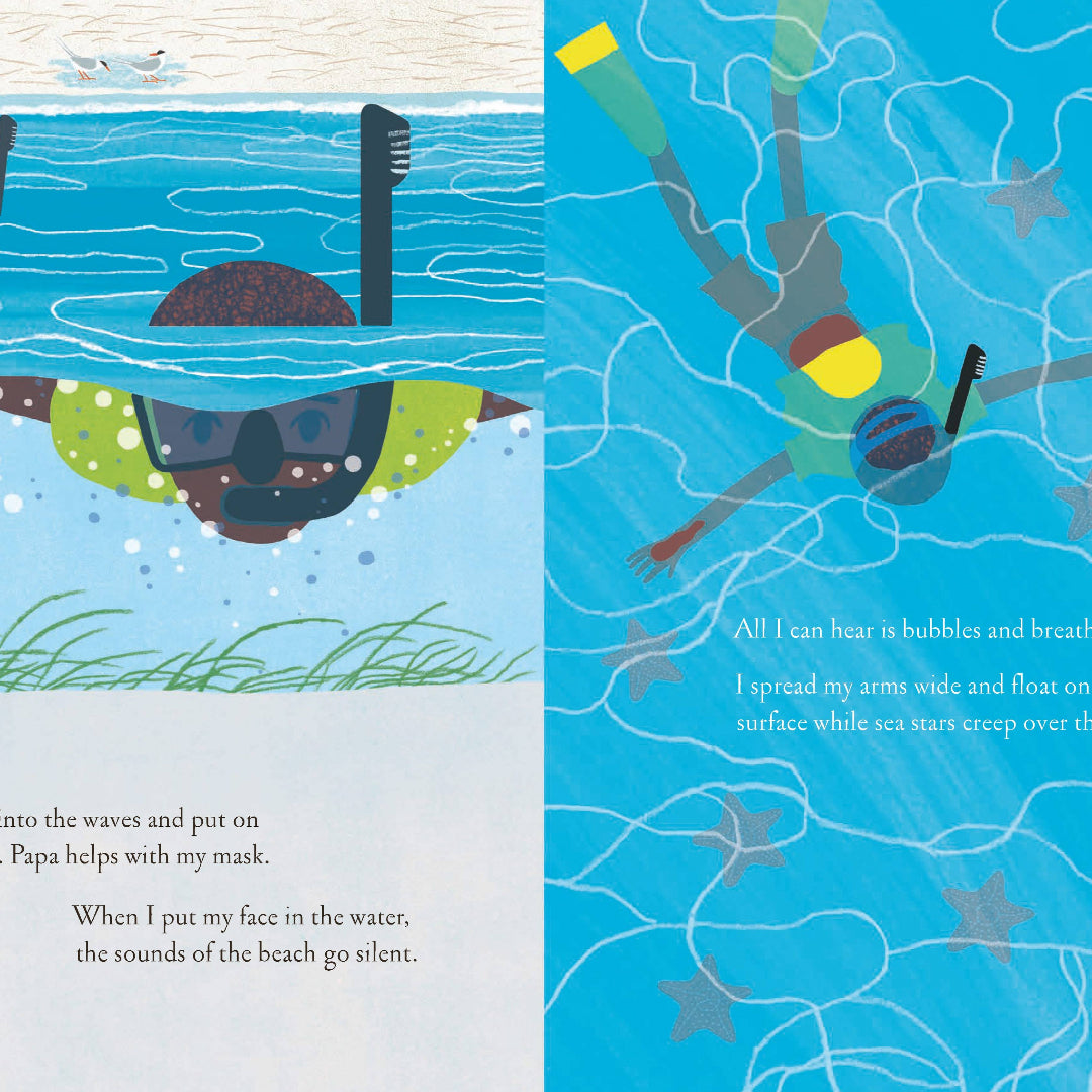 Illustrated book pages showing a child diving into water with text.