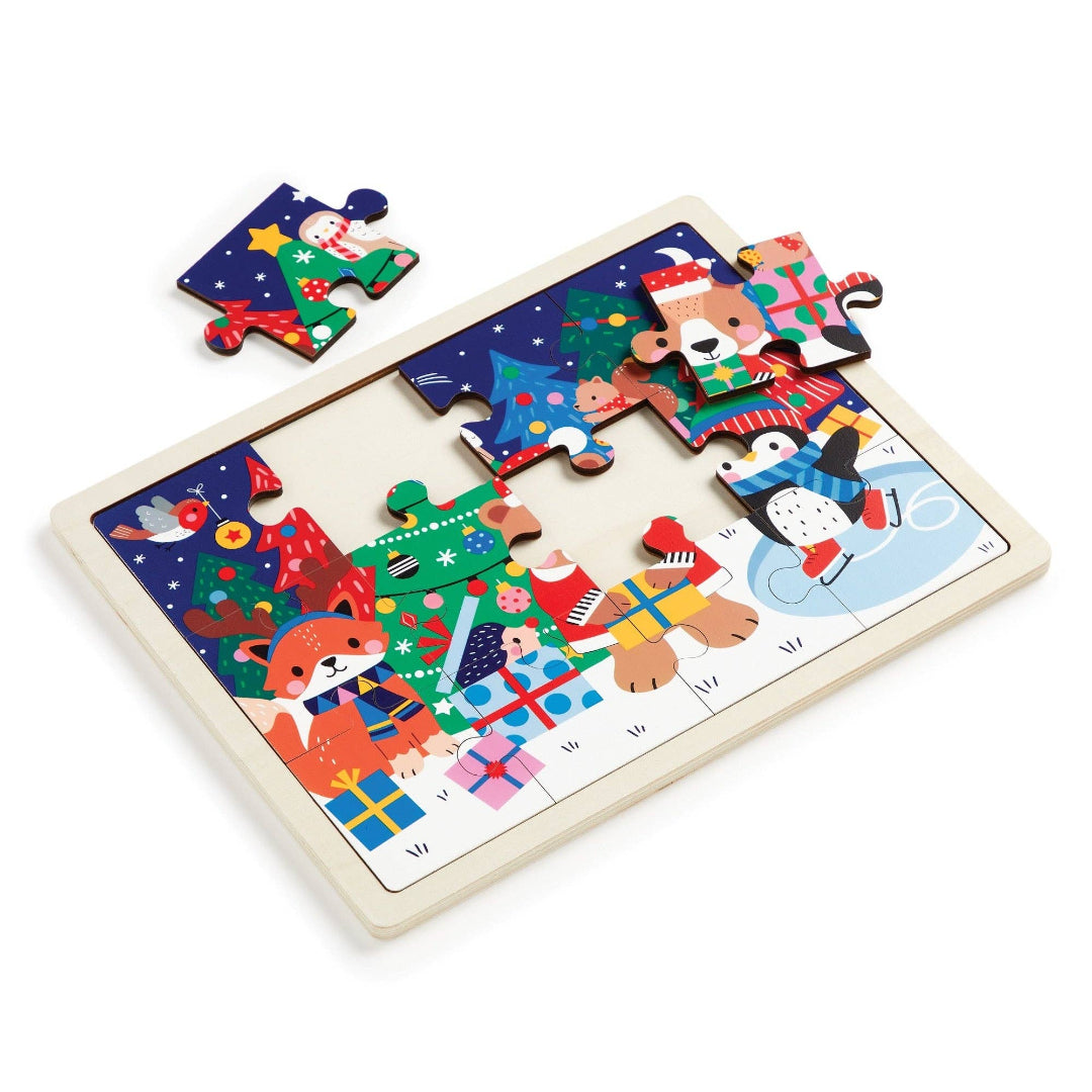 Children's Christmas-themed puzzle with animal characters on a white background