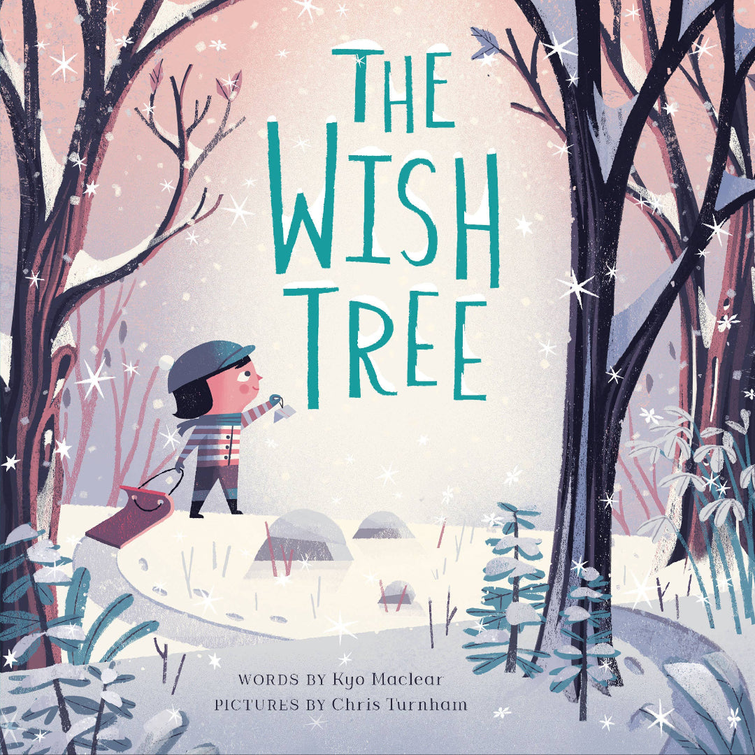 Book cover of 'The Wish Tree' with a child looking at a wishing tree in a snowy landscape.