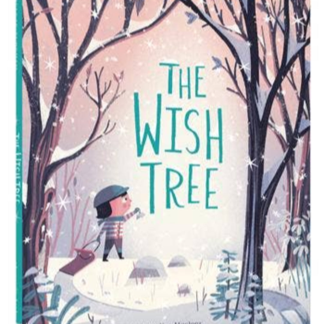 Book cover of 'The Wish Tree' with a winter scene and child holding a lantern.