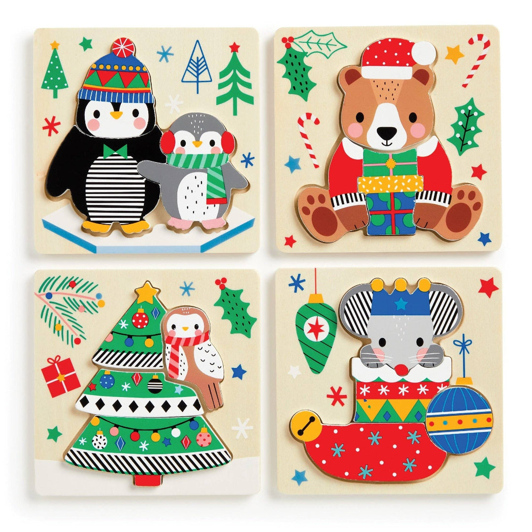 Set of four wooden Christmas-themed puzzles with animals and decorations.