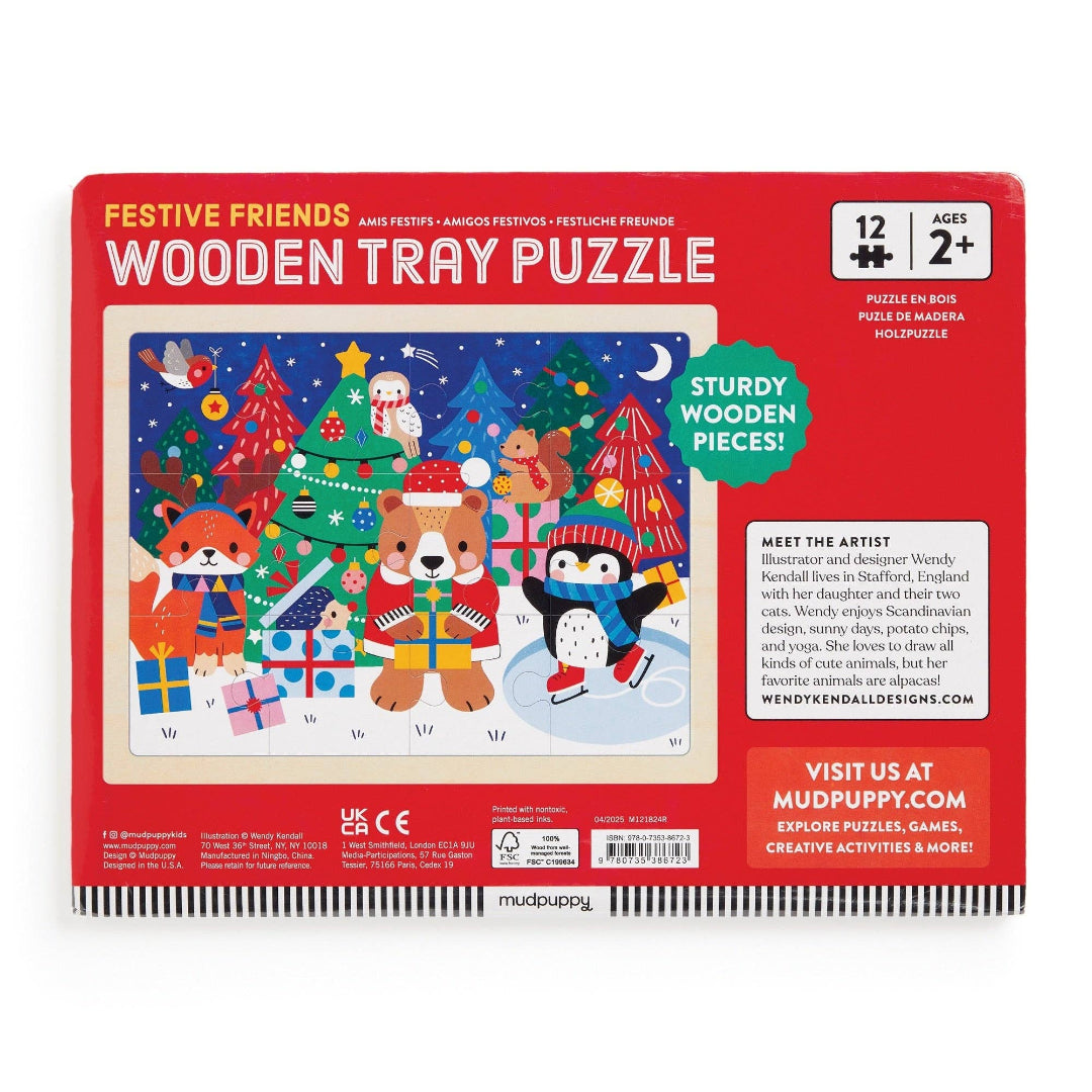 Wooden tray puzzle packaging with festive illustrations on a red background