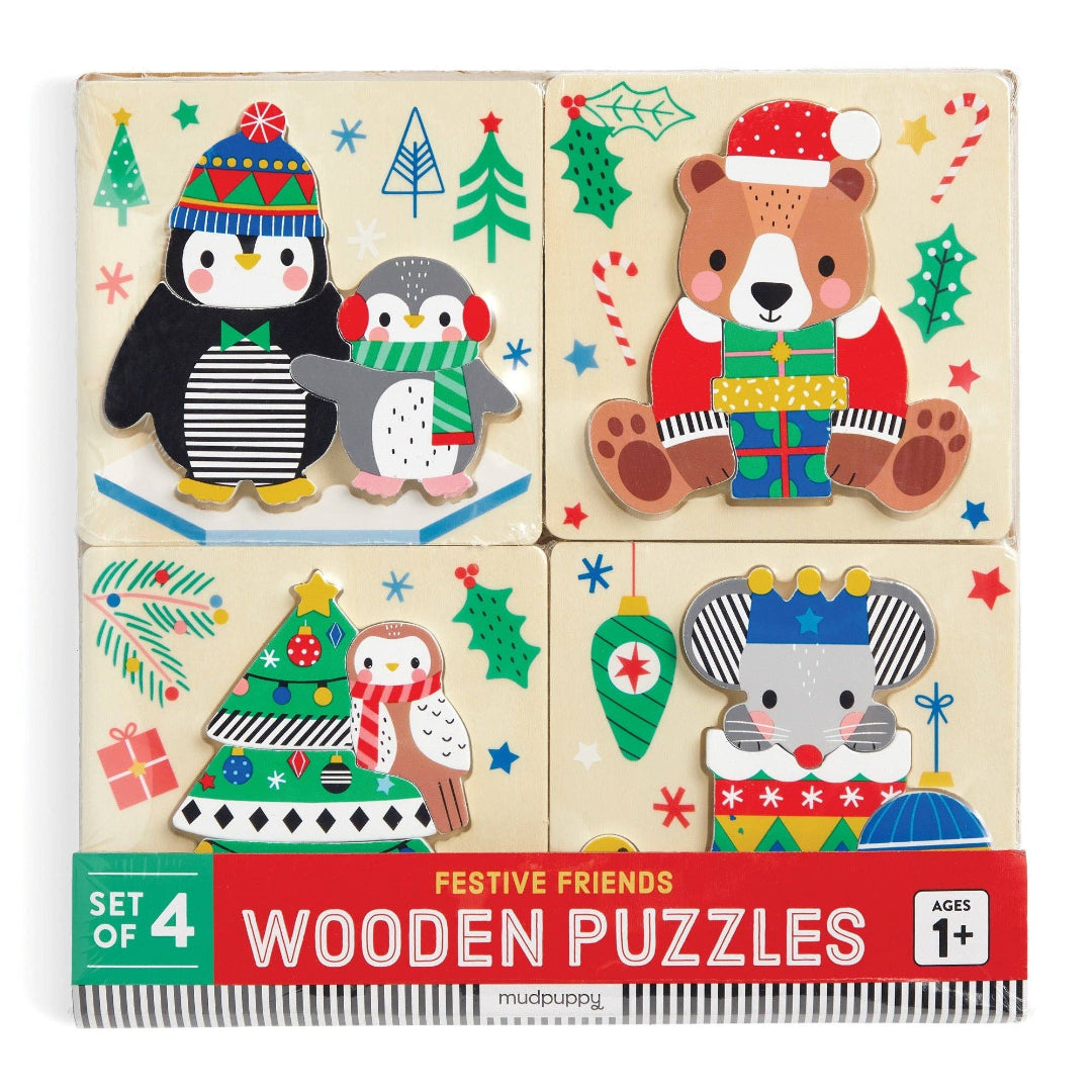 Set of 4 festive wooden puzzles with Christmas-themed illustrations on a beige background.
