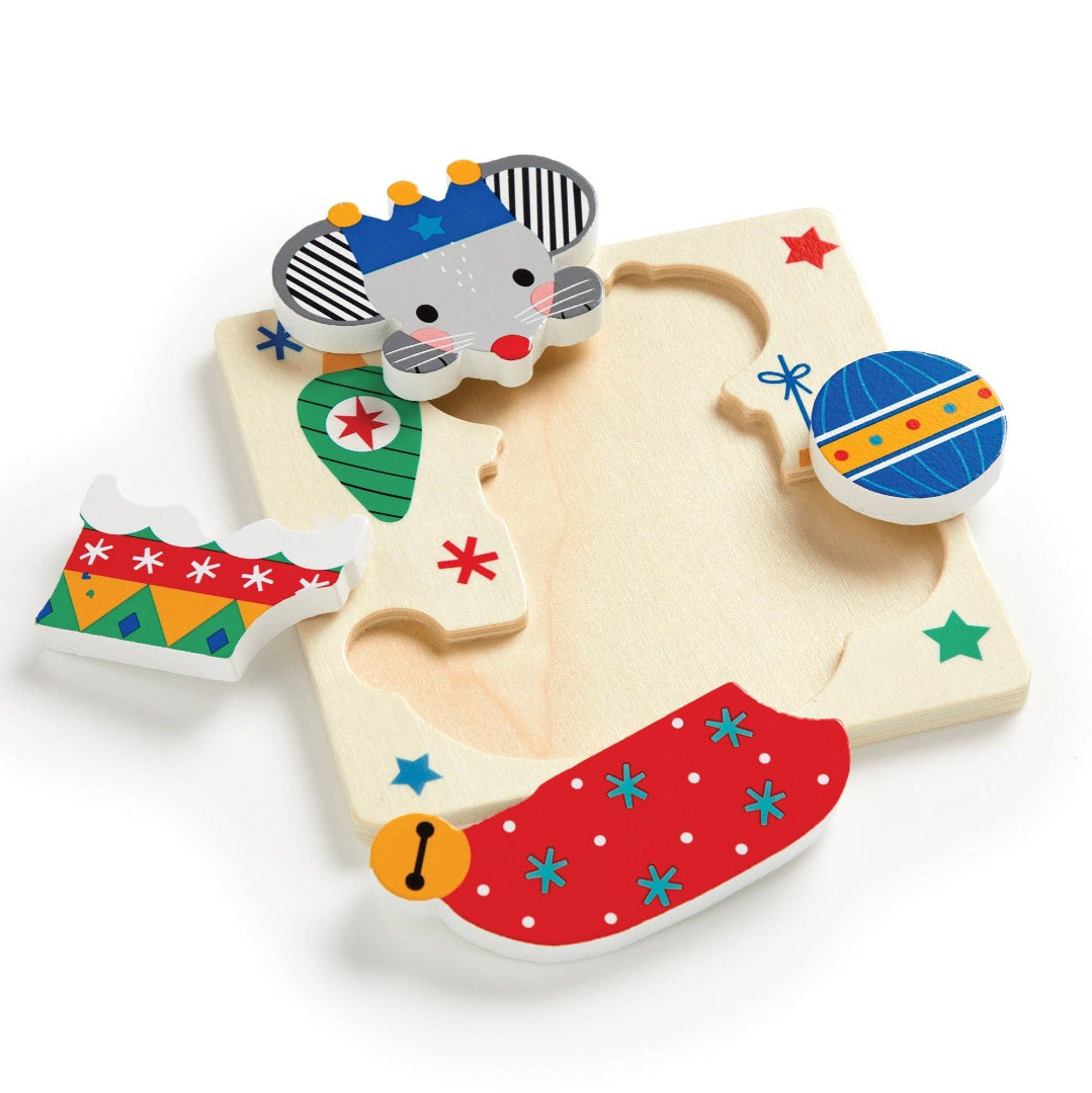 Wooden puzzle with colorful pieces on a white background