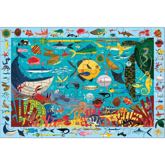 Colorful children's puzzle with various sea creatures on a blue background