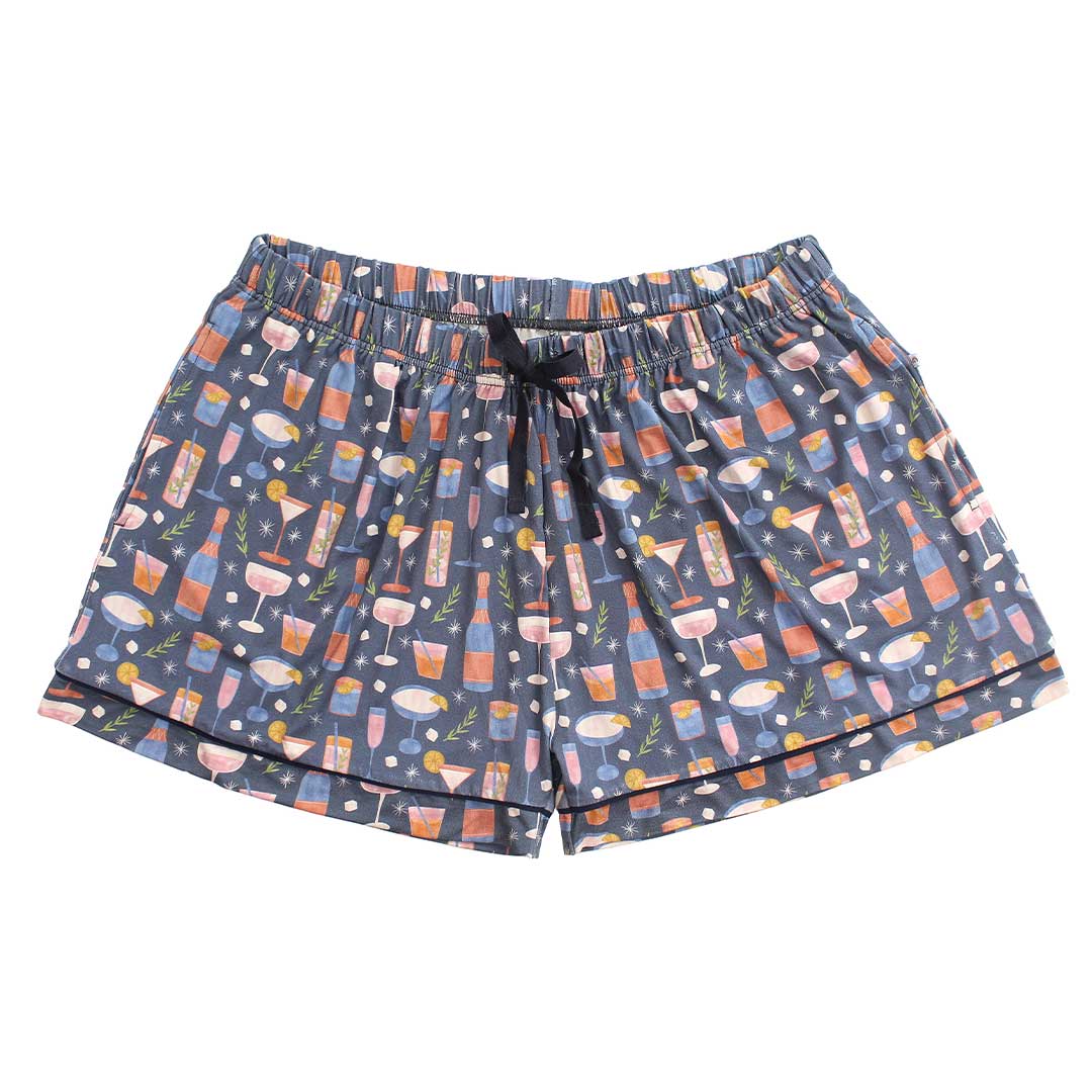 A pair of women's pajama shorts with a multicolored pattern featuring various drinks and the text 'Cheers'.