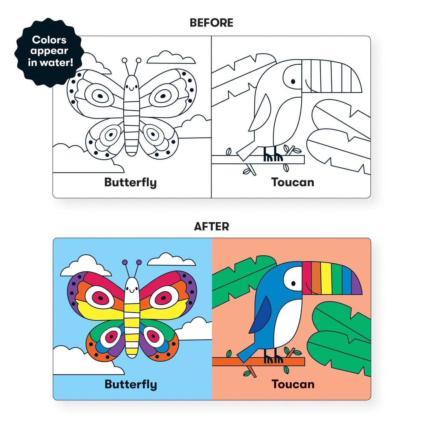 Colorable butterfly and toucan illustrations with 'Before' and 'After' color examples.