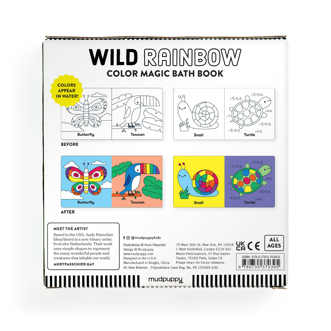 Box of 'Wild Rainbow' Color Magic Bath Book by Mudpuppy with illustrations and text.