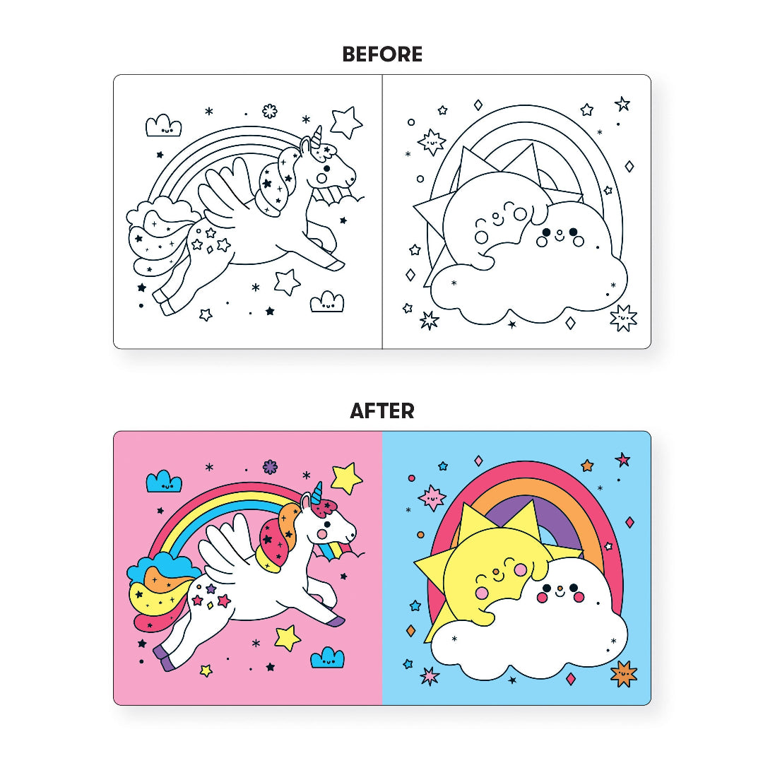 Before and after comparison of a coloring book design with a unicorn and rainbow.