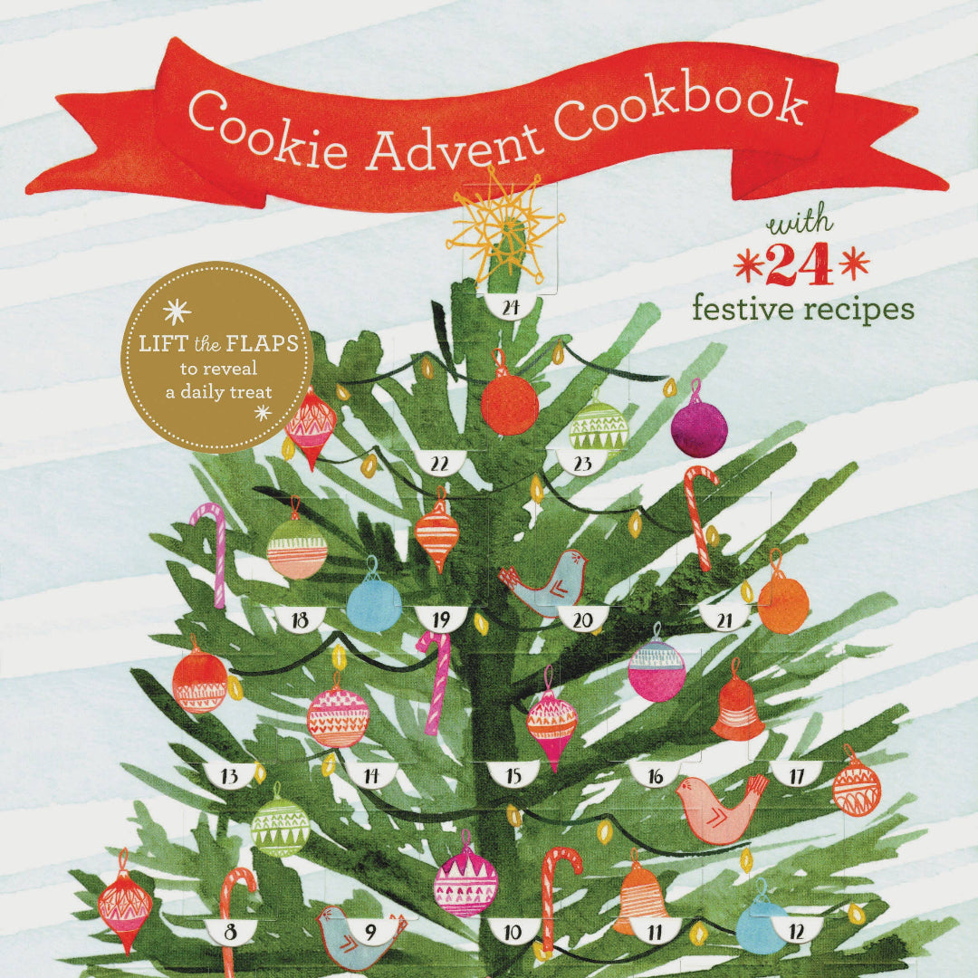Cookie Advent Cookbook cover with a Christmas tree and festive ornaments