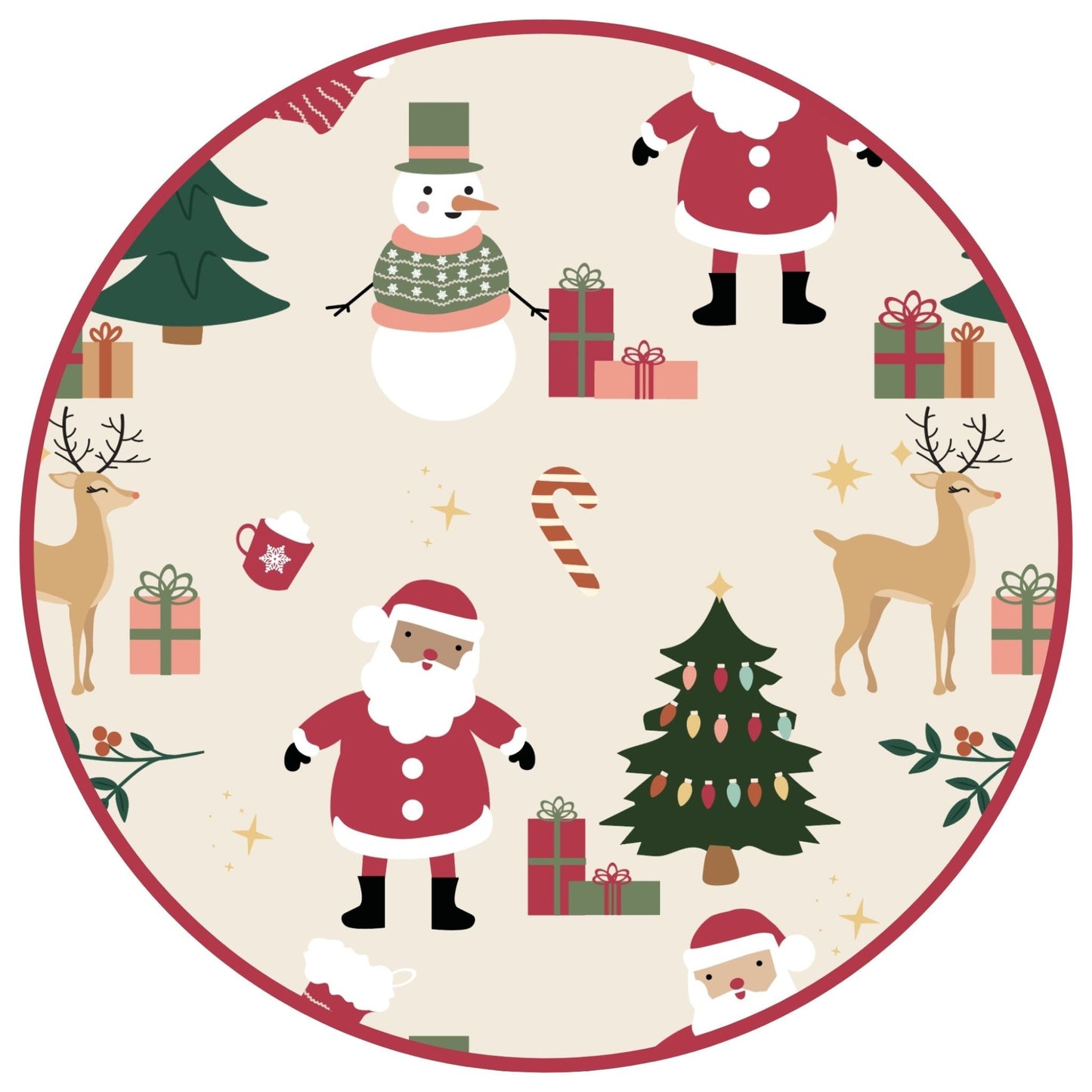 Close-up of Cozy Christmas bamboo pajama print featuring Santa, reindeer, presents, and Christmas trees – whimsical holiday design.