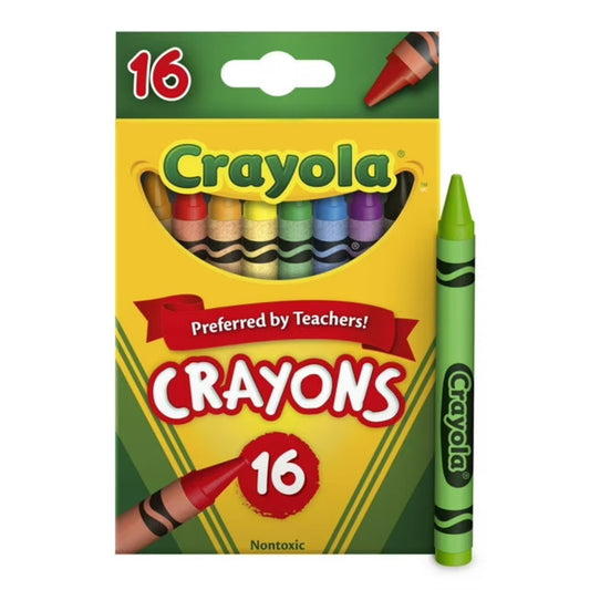 A pack of 16 Crayola crayons featuring vibrant colors, labeled as nontoxic and preferred by teachers. A green crayon is displayed next to the box.