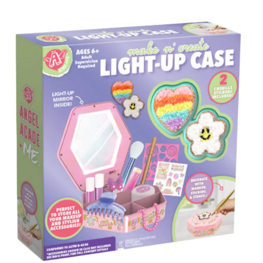 Box of “Make n’ Create Light-Up Case” craft kit featuring a light-up mirror, rainbow heart and flower chenille stickers, and colorful decorating tools.