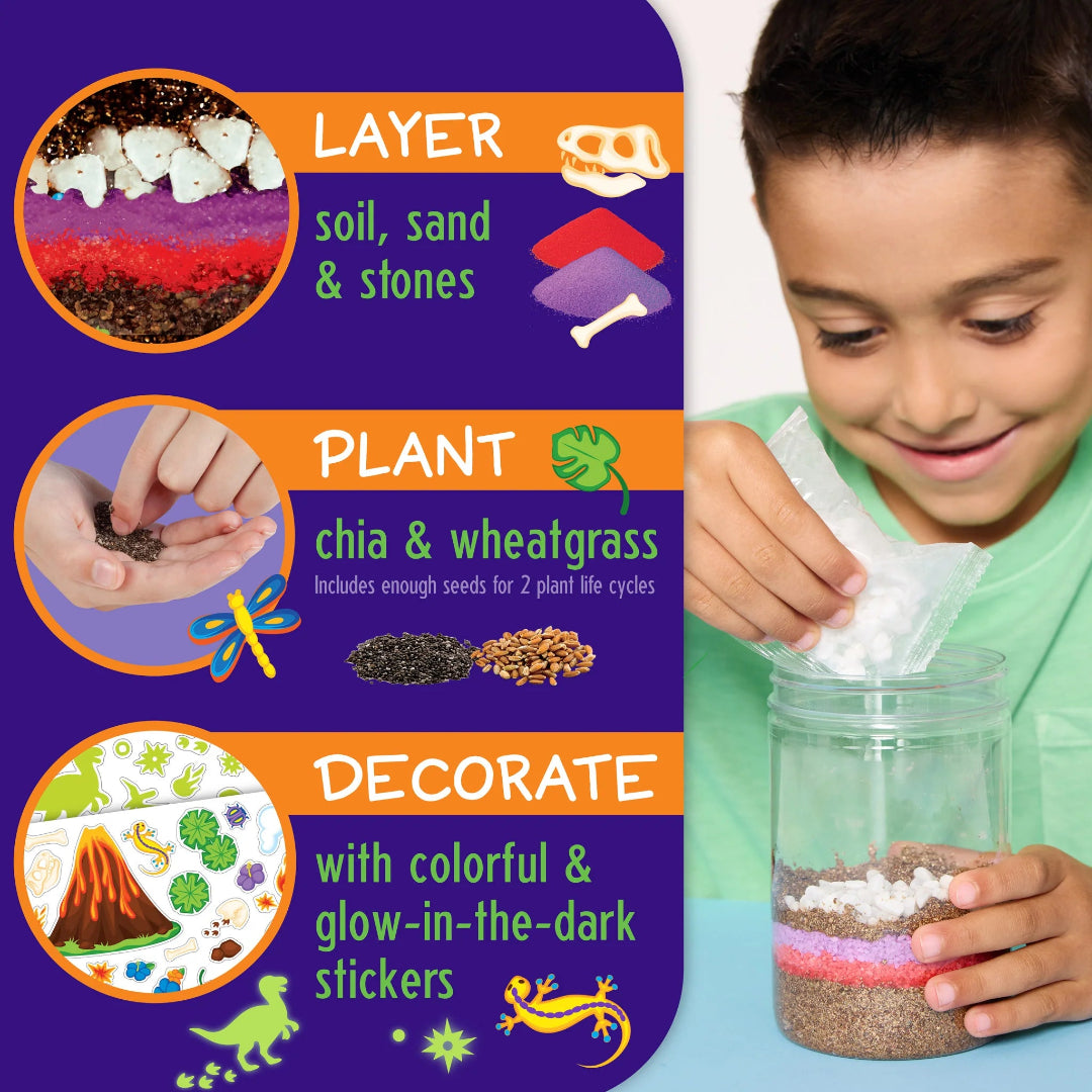 Children's science kit with soil, sand, stones, chia, wheatgrass, and stickers on a purple and orange background.