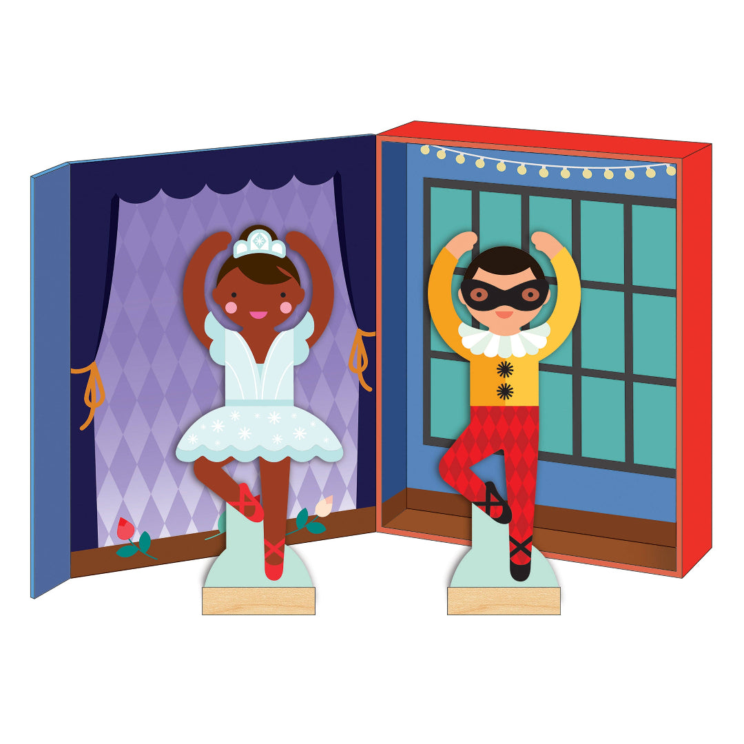 Two colorful puppets, one a ballerina and one a superhero, in front of a theater stage.