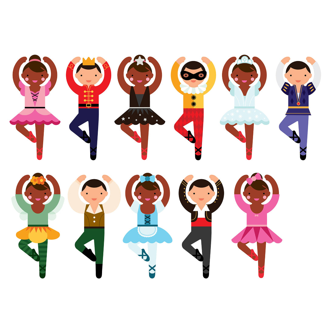 Illustrations of children in various costumes posing in a grid on a white background