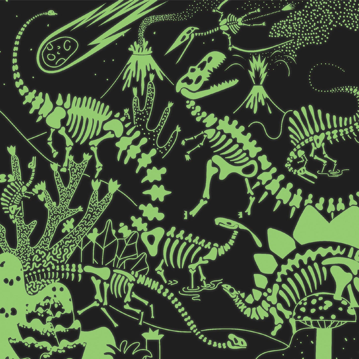 Glowing green dinosaur skeletons and plants on a black background
