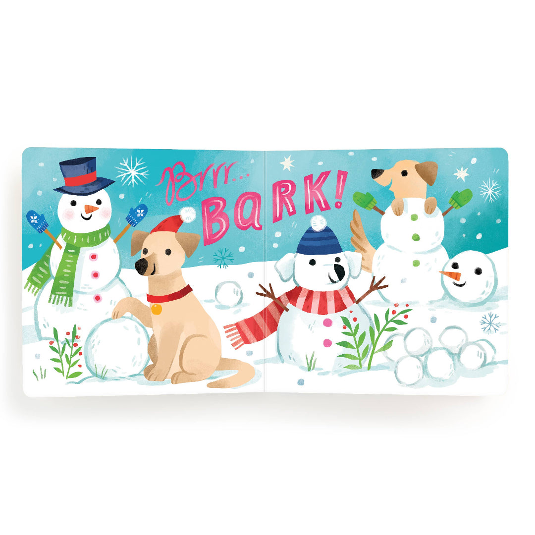 Illustration of dogs book and snowmen with 'Bark!' text on a blue background