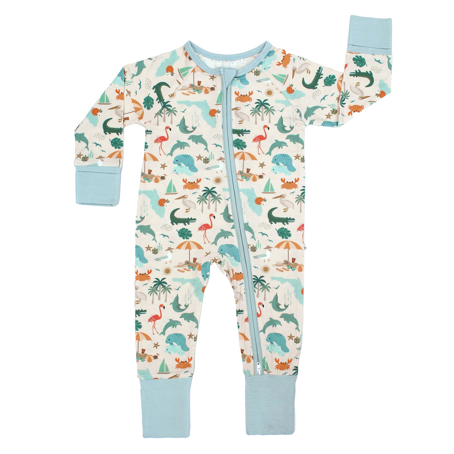 Soft and breathable bamboo convertible baby pajama featuring a vibrant Florida-themed print, perfect for little ones to sleep in comfort.