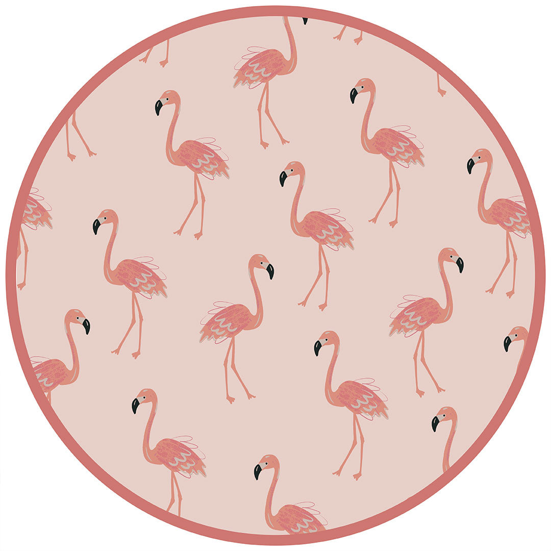 the "fancy flamingos" print is a pattern of multiple pink flamingoes scattered around the print.
