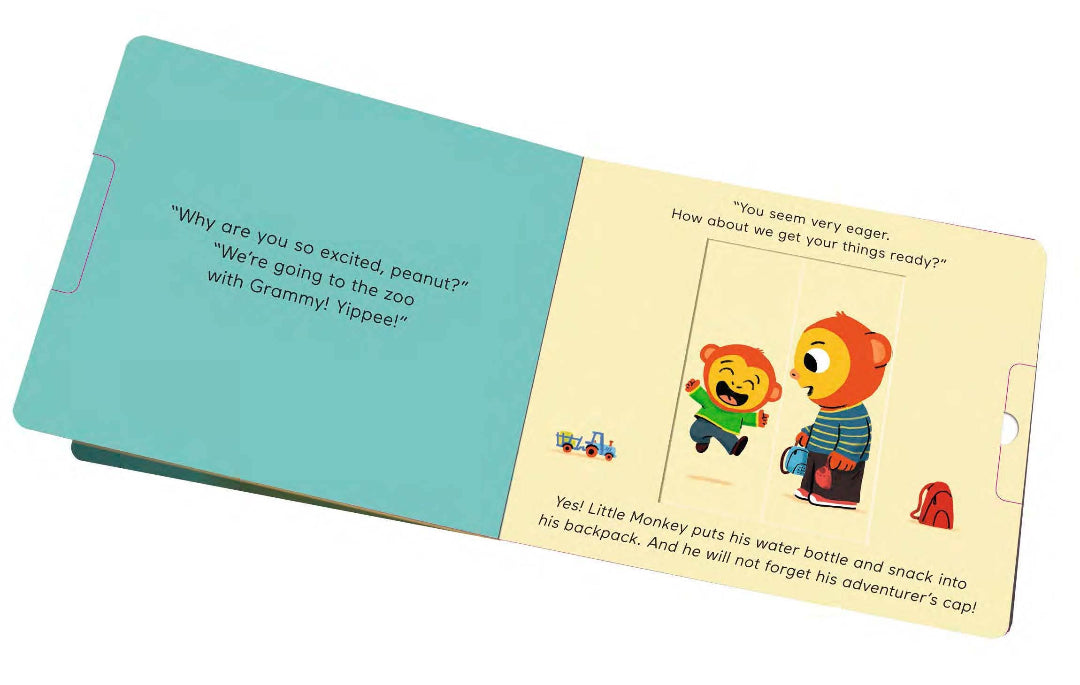 Children's book with cartoon characters and text on a white background